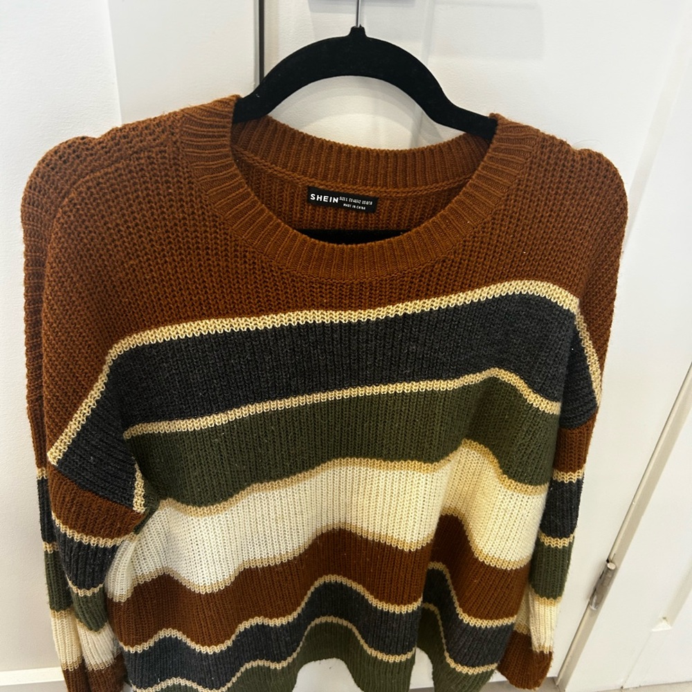 SHEIN Ribbed Striped Sweater in Brown, Gray & Cream